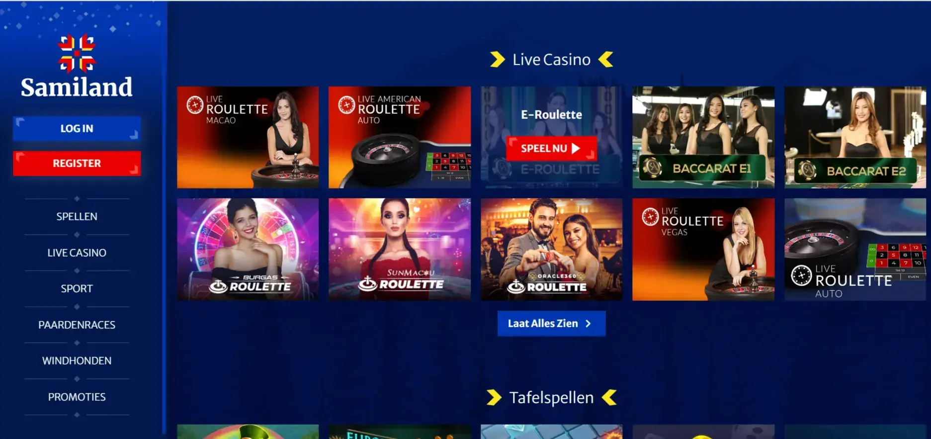 Samiland casino-lobby met verschillende spelcategorieën