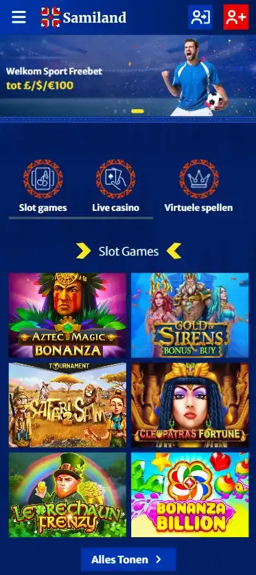 Samiland geopend op een smartphone met casino- en accountnavigatie