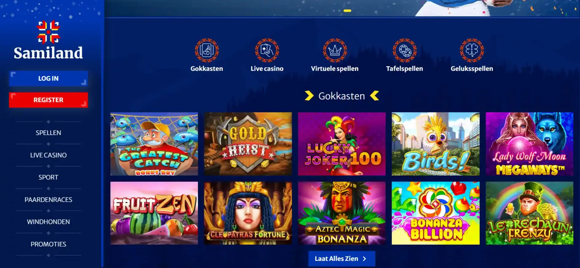 Samiland homepage met navigatie en casino-aanbod