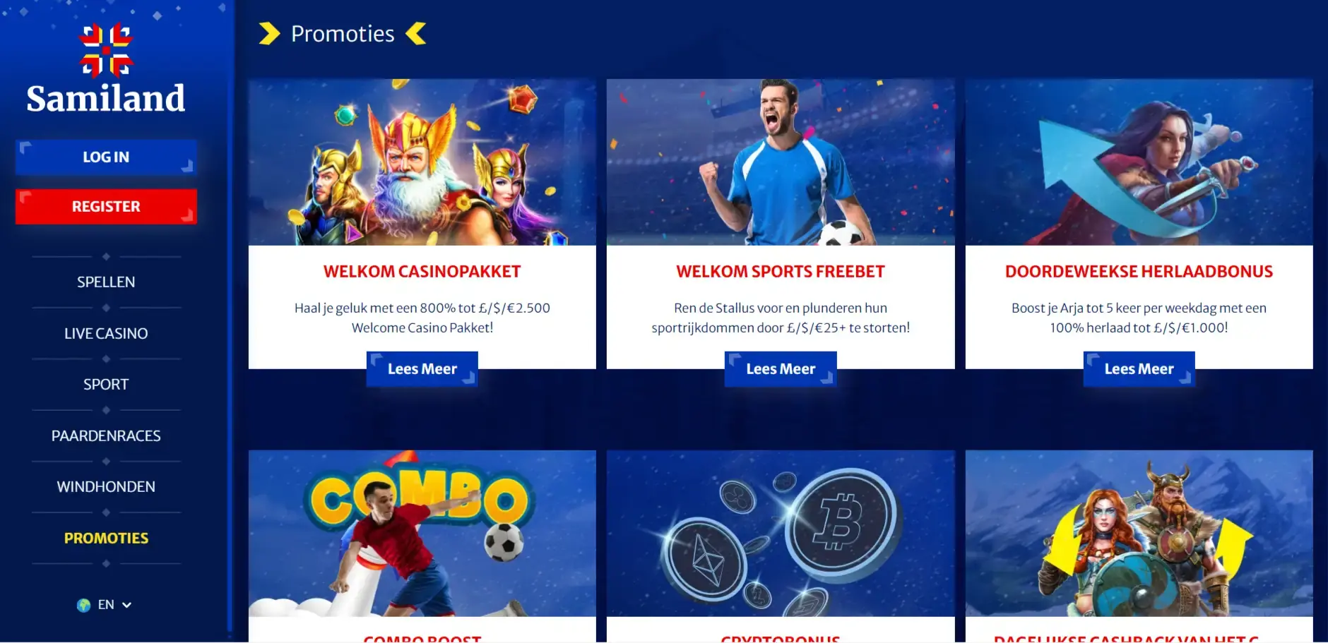 Samiland-promotiepagina met welkomstpakket en casinoaanbiedingen
