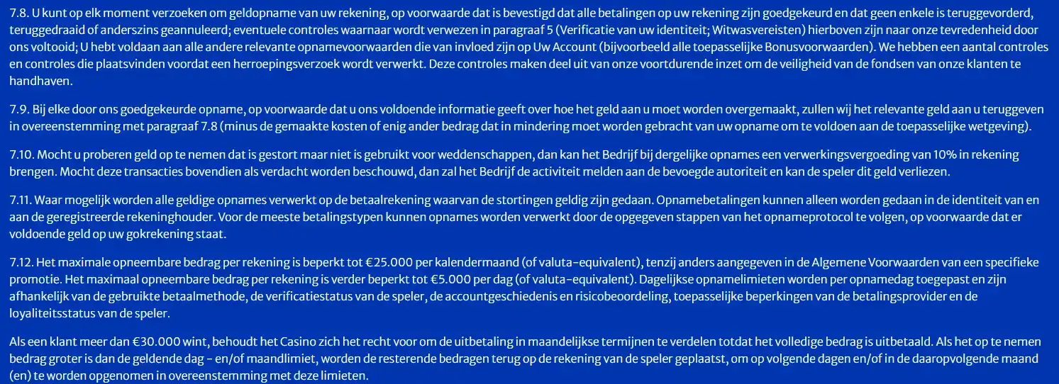 Uitbetalingsgedeelte van Samiland met opties voor het opnemen van saldo